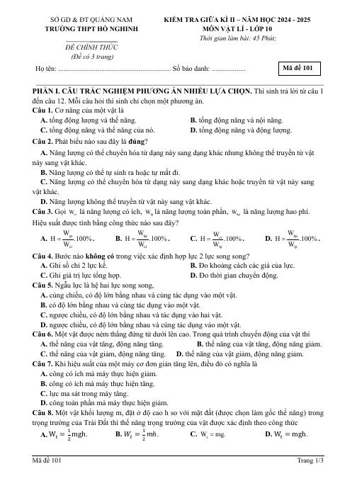 Đề thi Giữa kì 2 Vật lí 10 năm 2024-2025 trường THPT Hồ Nghinh (Quảng Nam)